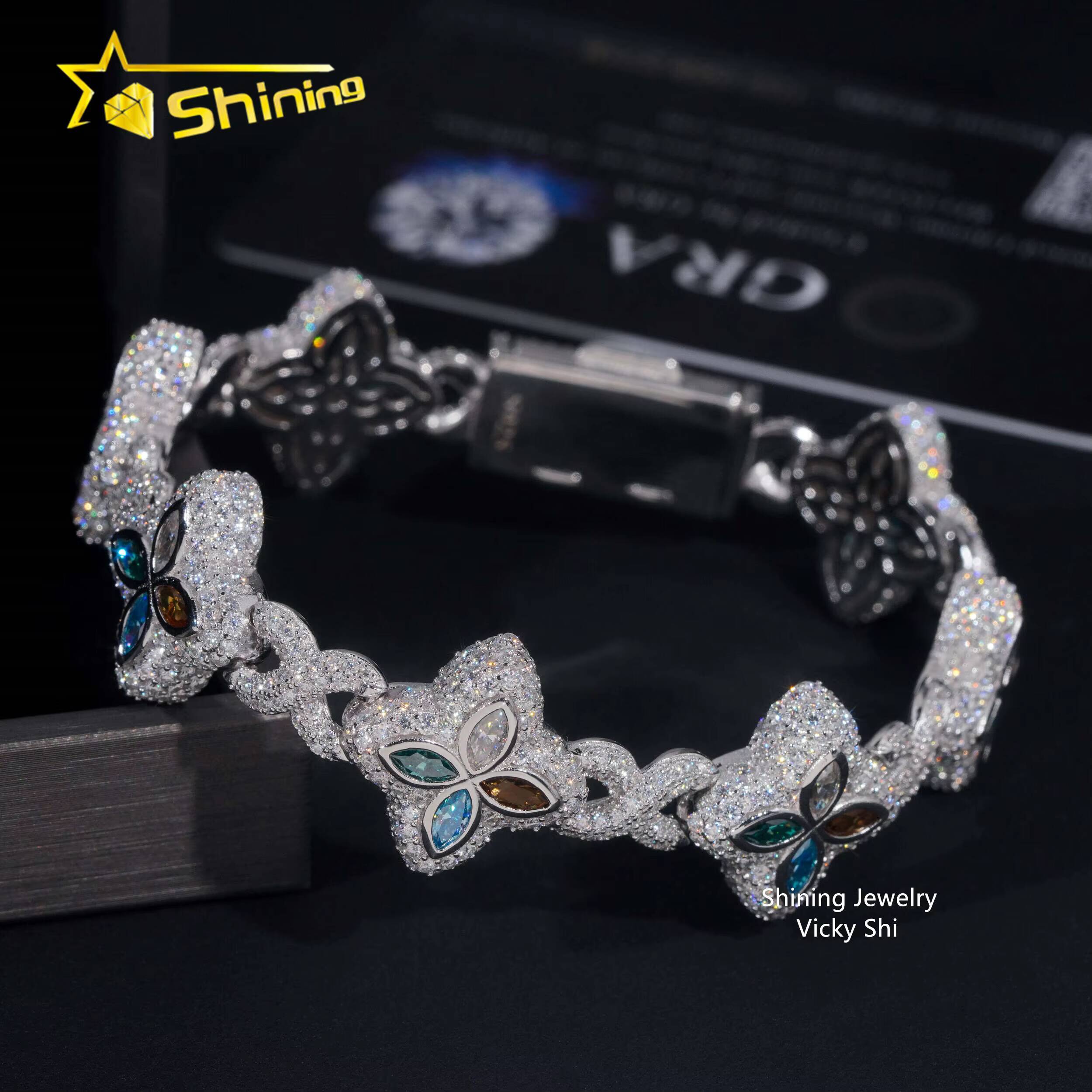 Hot Selling Men Popular Moissanite Bracelets 925 Sterling Silver Iced Out Hip Hop Infinity Clover Moissanite Cuban Bracelet