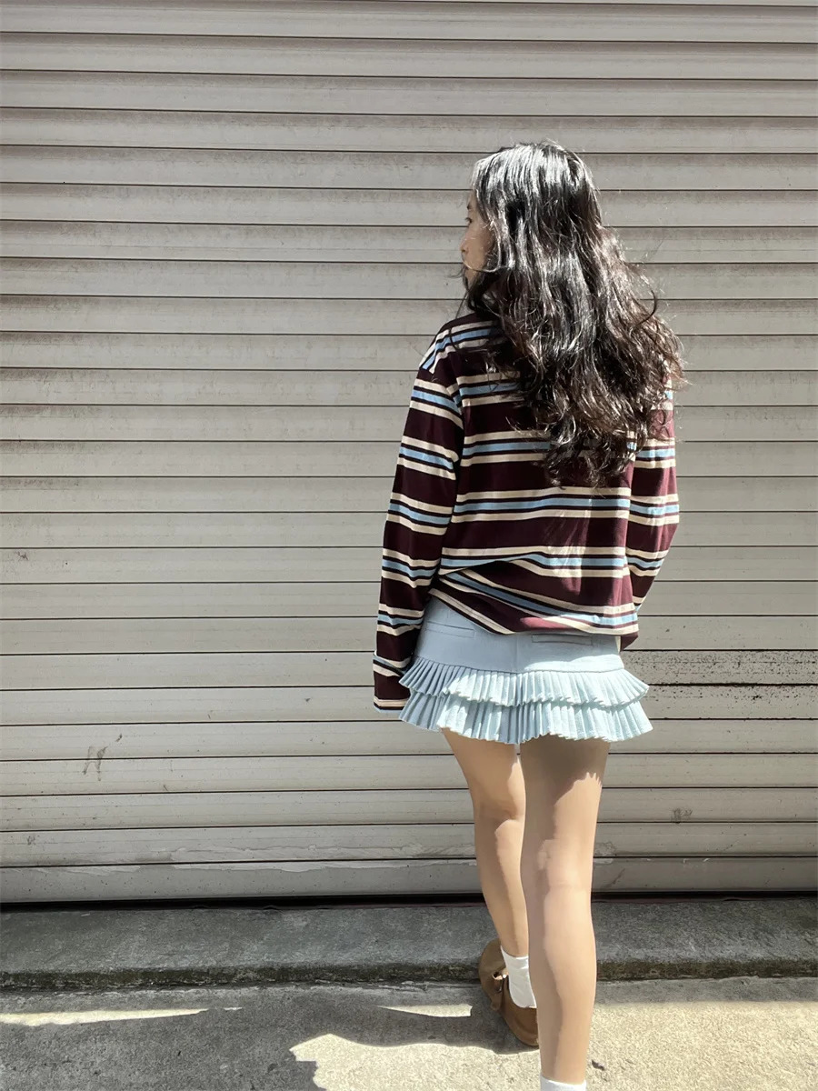 Summer Polo Shirts Woman Long Sleeve Crop Top Color Block Green Striped Print Polo Shirts Mujer Casual Tops Striped Brown Autumn 251027