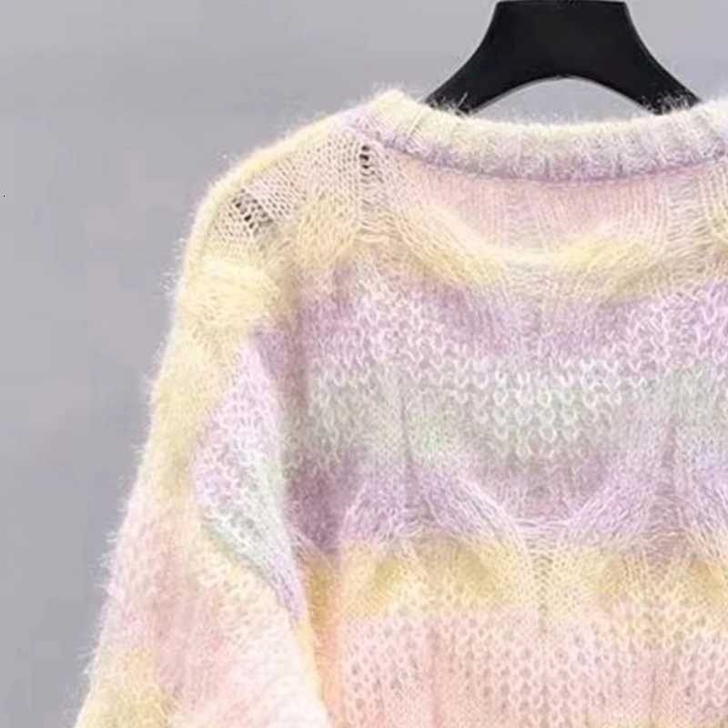 Womens Harajuku Pink Rainbow Striped Hollow Cable Knit Thick Sweater Long Sleeve Round Neck Knitwear Pullover Jumper TopT251027