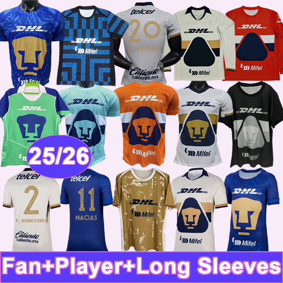 25 26 puMAsss De lA uNam Mens Player Soccer Jerseys MACIAS G.MARTINEZ S.LOPEZ P.BENNEVENDO Home Away 3rd GK Training Wear Long Sleeves Football Shirt