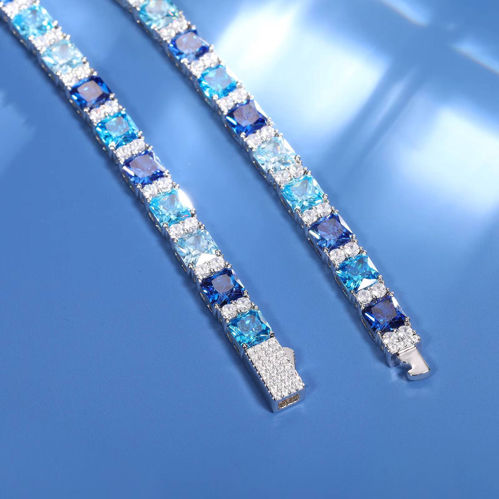 Party Gift Hip Hop Fine Jewelry 65mm Full Pave Gradient Gemstone AAAAA Blue Cz Cluster Fashion Tennis Bracelet