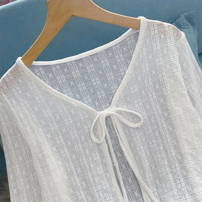 White Tie Up Summer Cardigan Women Sexy Long Sleeve Sheer Mesh Crop Tops Woman Chic All Match Short Printed T Shirt Mujer 251027
