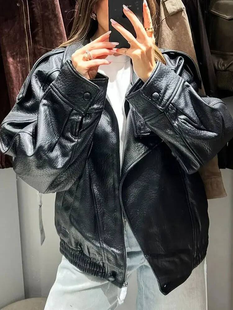 winter jacket women Women's Faux Leather Jacket Stand Collar Long Sleeves Loose Zipper Coats Lady Autumn High Street Woman Outerwear