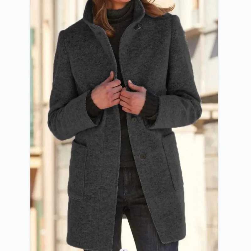 Women Vintage Solid Color Standup Collar Tweed Jacket Autumn Winter Warm Commuter Outerwear Singlebreasted Cardigan Long Coat M251027