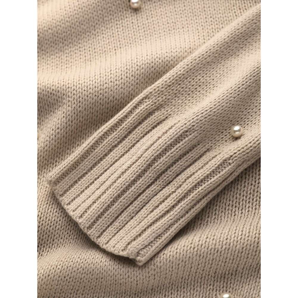 Beaded Decor Long Sleeve Sweater, Elegant Solid Color Drop Shoulder V Neck Sweater For Winter & Fall, Women's Clothing