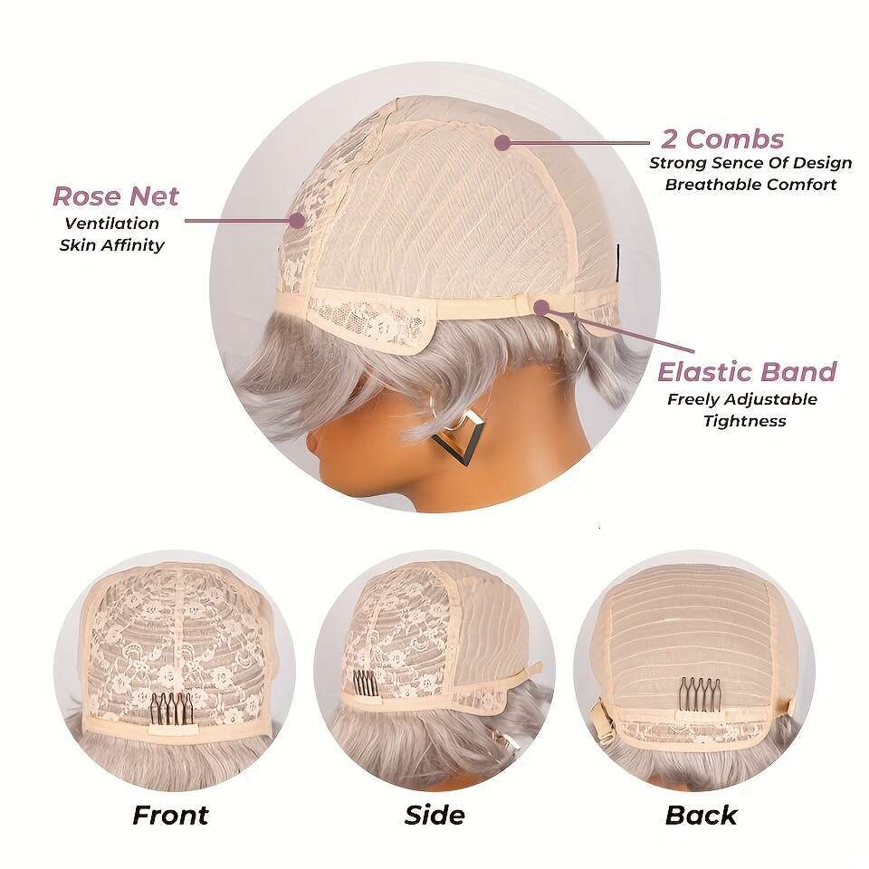 Women's Brazilian Remy Human Hair Wig Ash Grey Pixie Cut With Bangs, 180% Density Looking Layered Hair, Straight Salt Pepper Short Style Daily We