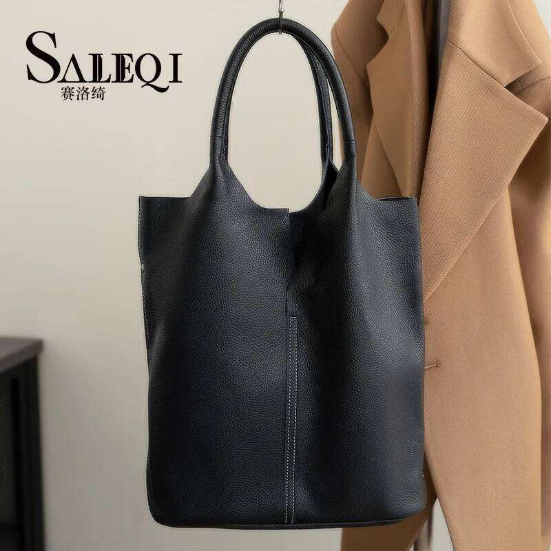 Genuine Leather Commuter Tote Designer Ladies Soft Cowhide Shoulder Handbag Capacity Women Large Bucket Bag