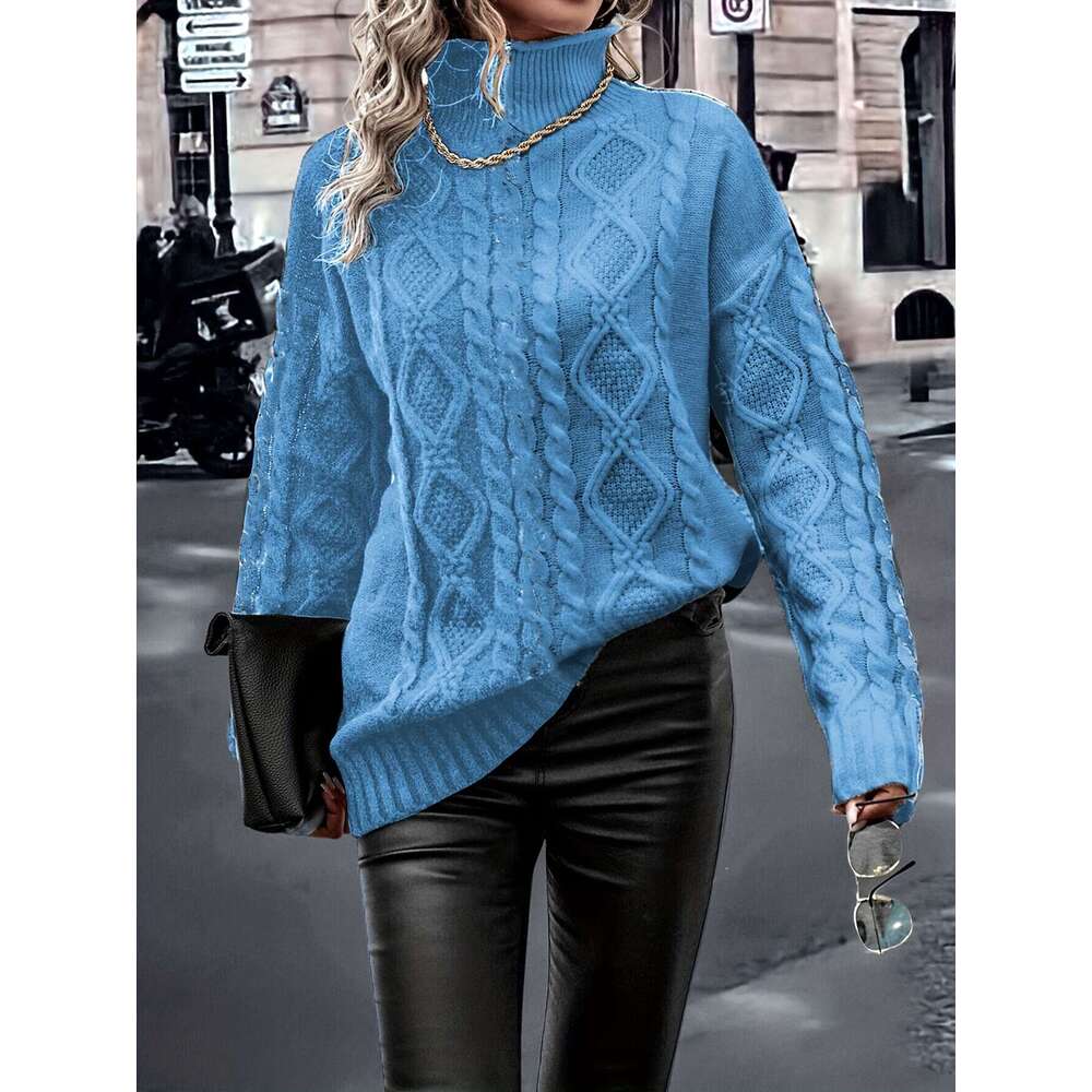 Elegant High-Neck Blouse With Vertical Stripes & Color-Blocking - Soft Stretch Long Sleeve Top, Winter Warmth, Non- Fabric For Fall/Winter Layering Of