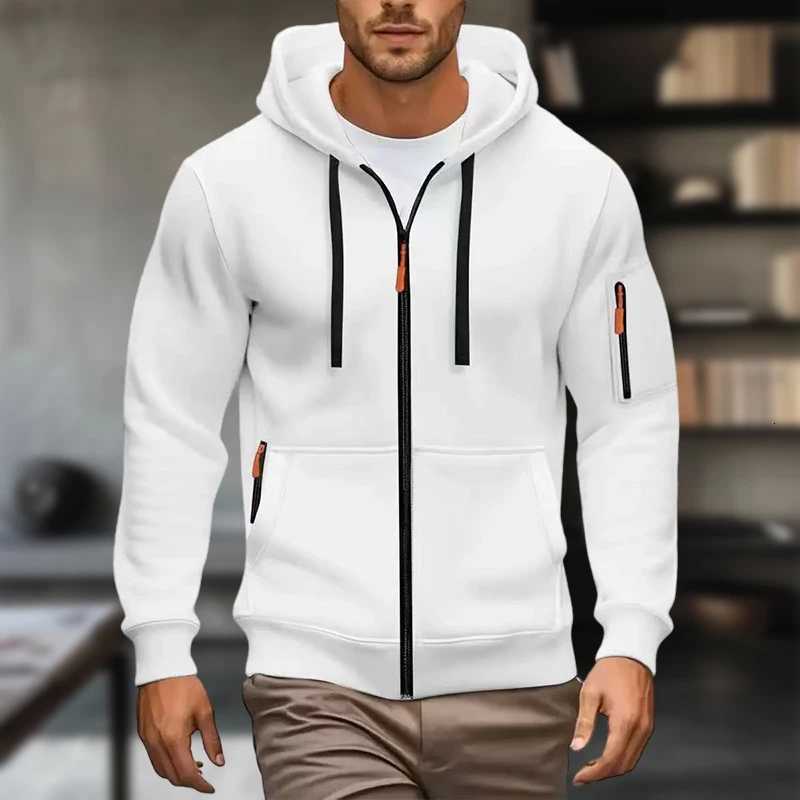 Mens solid color zipper hoodie with side pockets fashionable long sleeves casual wear full zipper opening and closing sof W251027