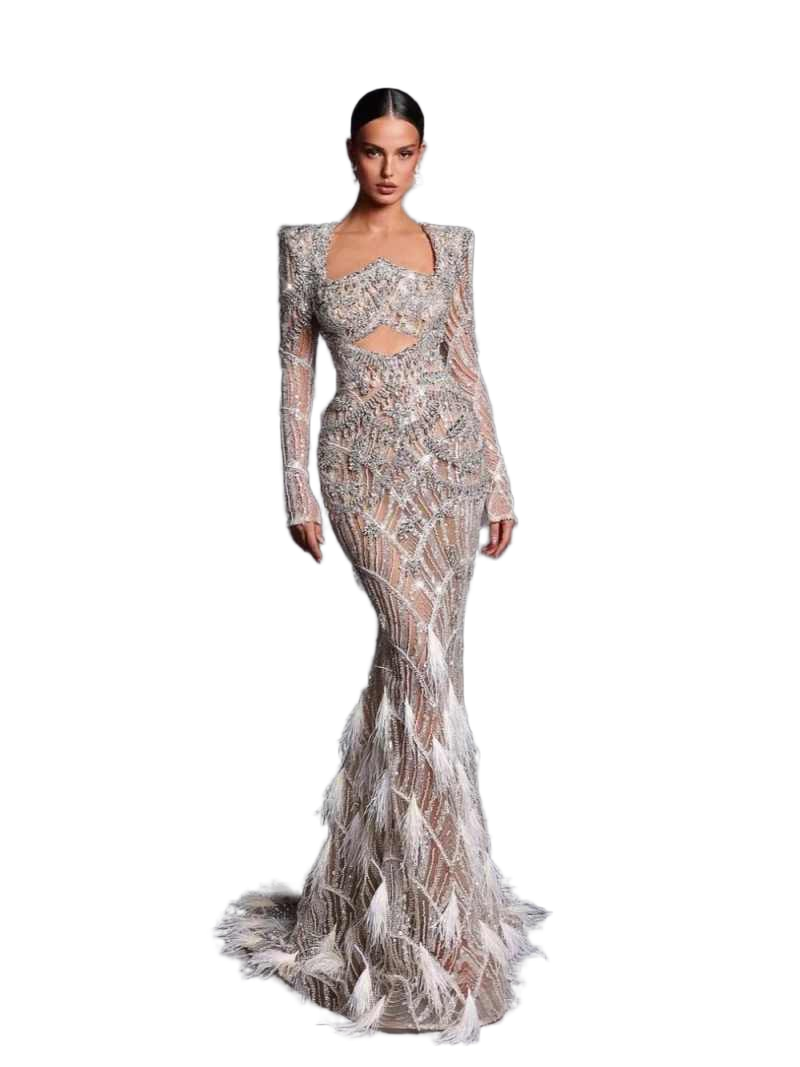 Luxury Mermaid Evening Long Sleeve Crystal Rhinestone Feather Prom Dresses Celebrity Feathers Customized Vestidos De Novia