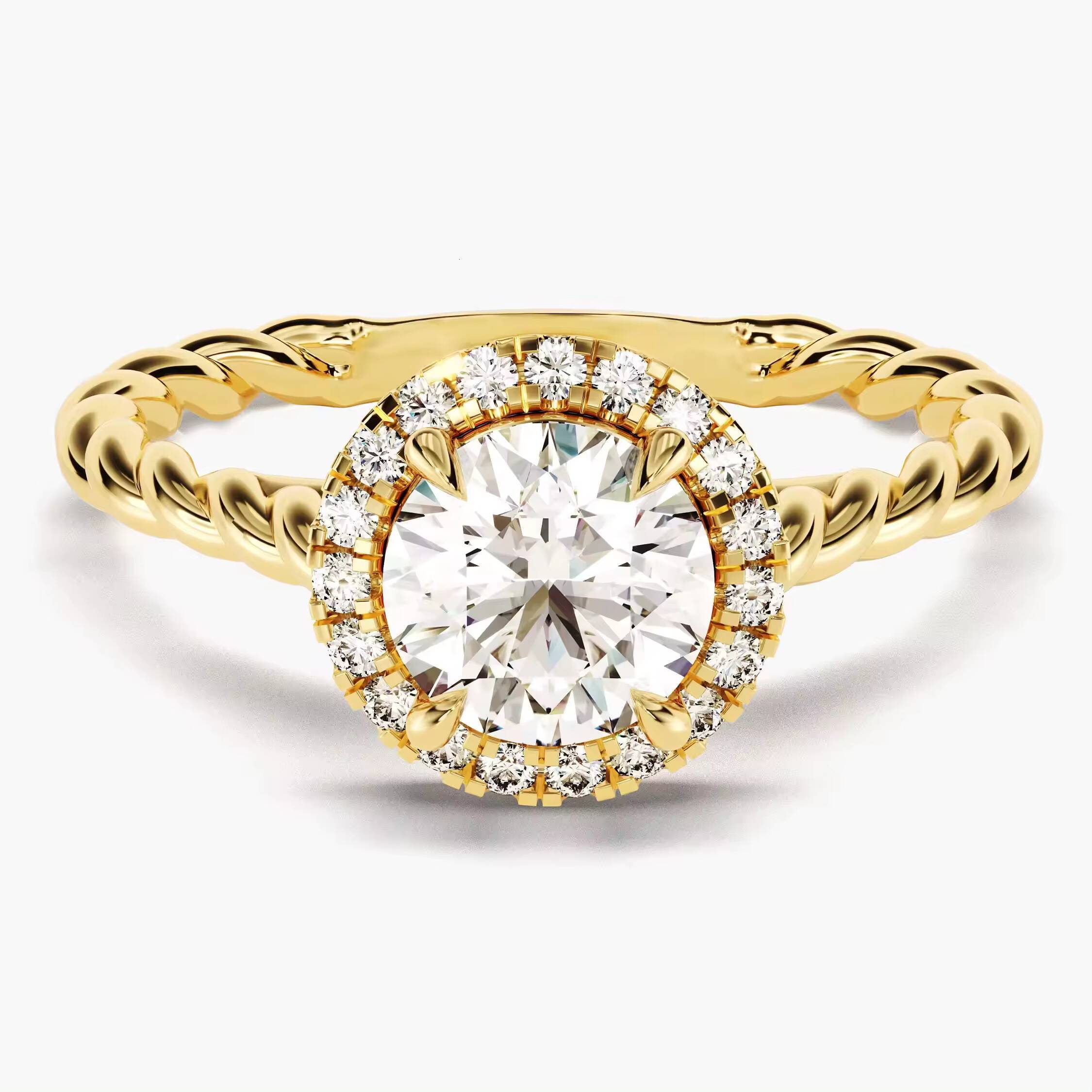 Halo Diamond Engagement Ring 14k 18k Solid Gold Promise Ring Twisted Rope Brilliant Round Lab Diamond Ring