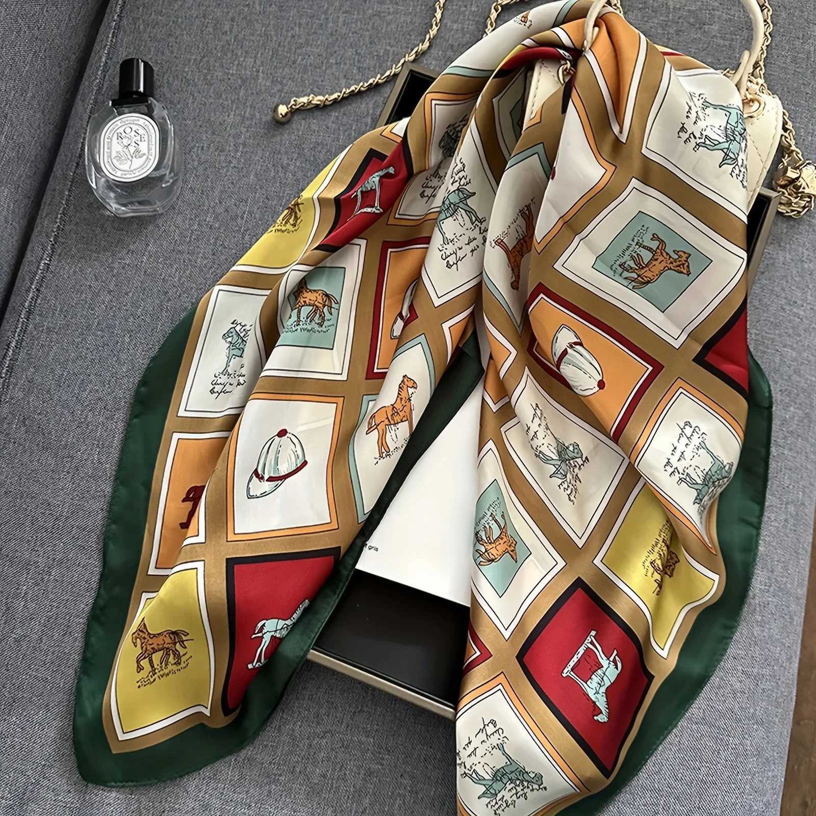 Luxury Brand Grid Horse Print Square Scarf Simated Silk Satin Neck Scarf Stylish Sunscreen scarf For WenW251027