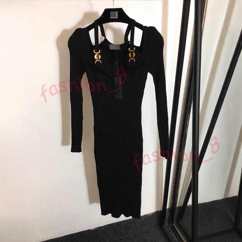 Designer Basic & Casual Dresses New Women's Clothing Metal Shoulder Buckle Sexy Strap Off-Shoulder Slim Fit Long Sleeve Knitted Dress