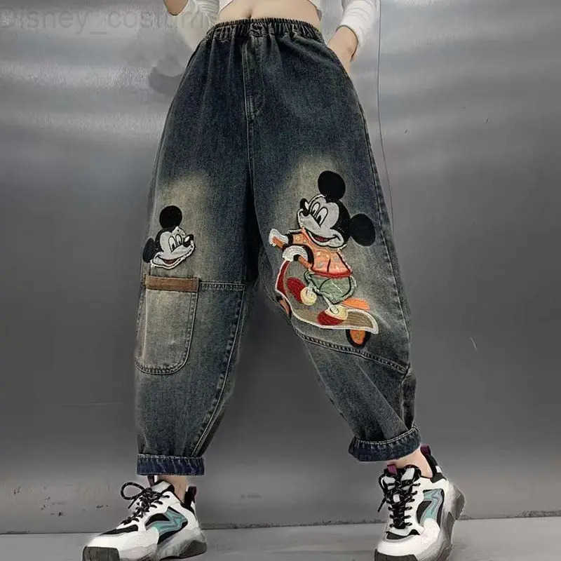 Disney Cartoon Mickey mens and womens new cute creative graphic print personality fashion loose and comfortable retro jeans H251027