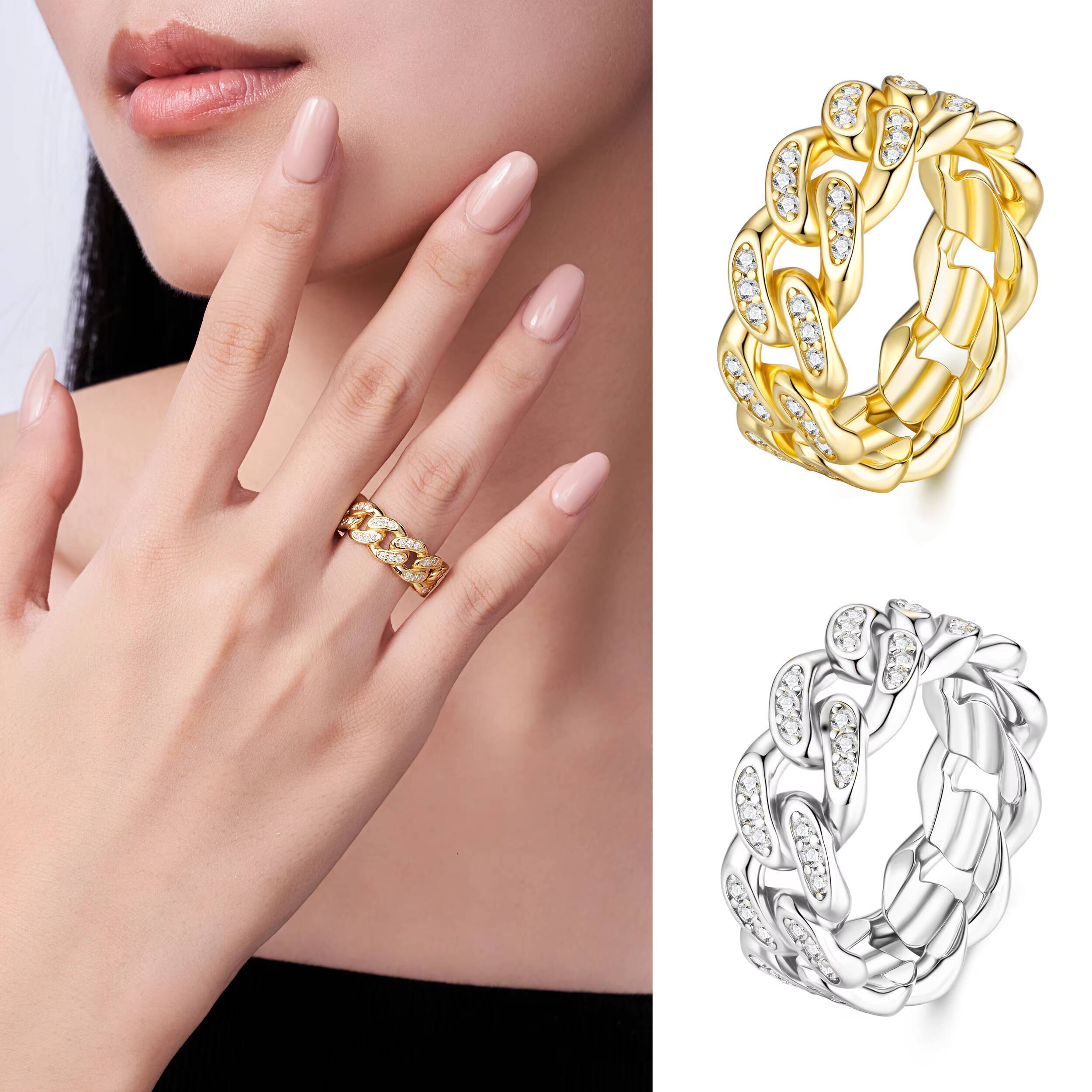 New Design Ring for Fashion Girl 18K Gold Plated Rhodium Plated Fine Women 925 Sterling Silver Cuban Link Rings with Moissanite