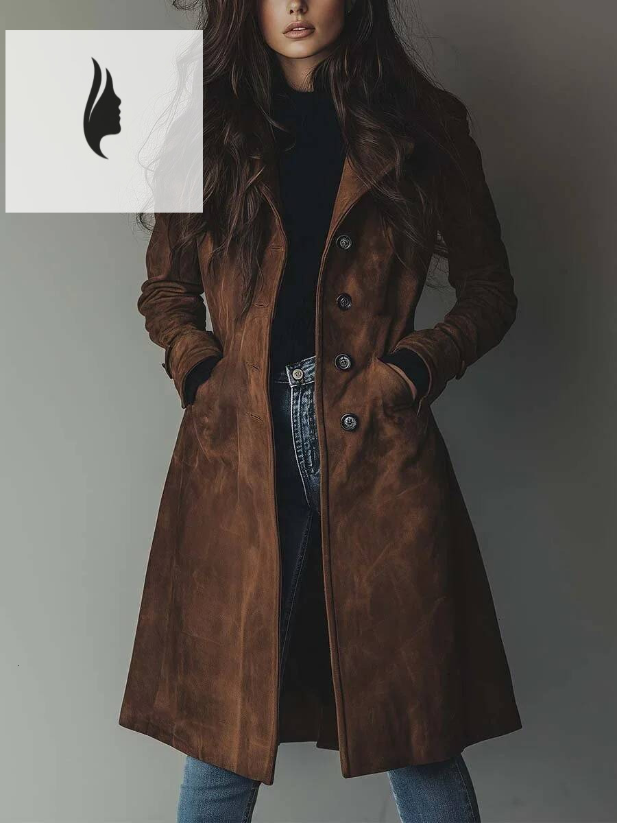 winter jacket women Women's Suede Trench Coat Long Single Breasted Full Sleeve Brown Windbreaker Elegant Autumn Street Outwear New