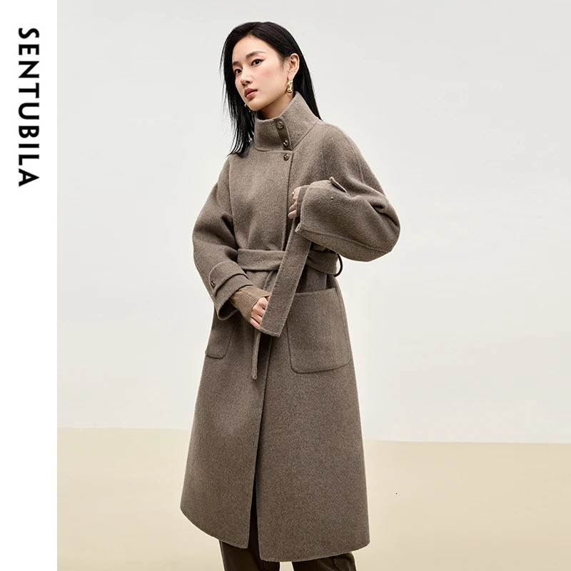 SENTUBILA Women Wool Blend Long Coat Winter Warm Outerwears Loose Fit Stand Neck Double Sided Belted Overcoat W44O56661 251027