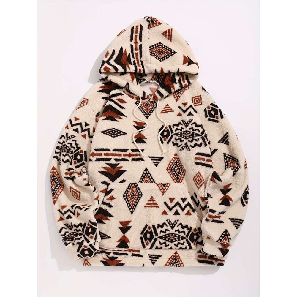 Ethnic Style Geometric Pattern, Men's Loose Polar Fleece Hoodie For Winter & Fall, Hooded Sweatshirt With Drawstring And Kangaroo Pocket
