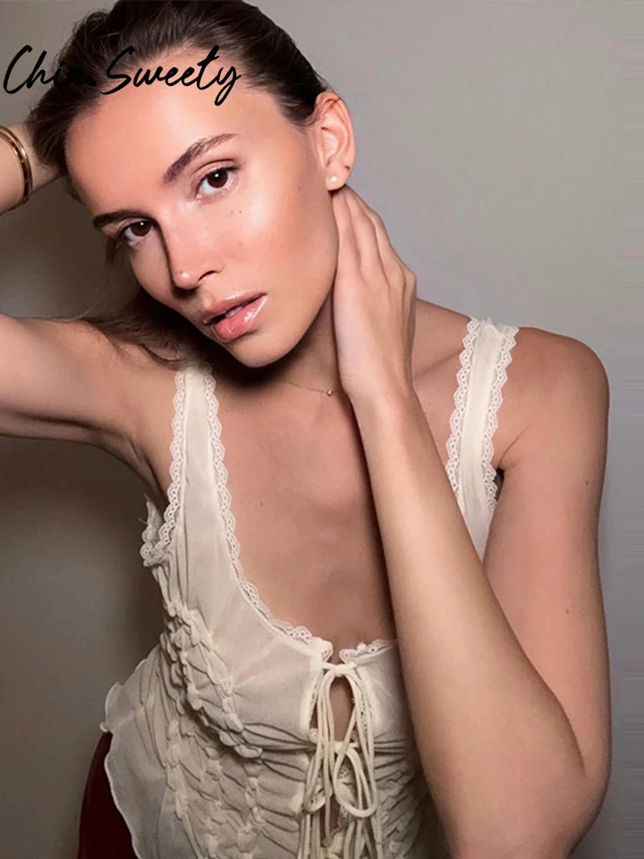 Elegant Lace Up Ruffles Women Vest Beach See Through Hollow Out Sling Slash Neck Female Top 2025 Summer Fashion Lady Clothes 251027