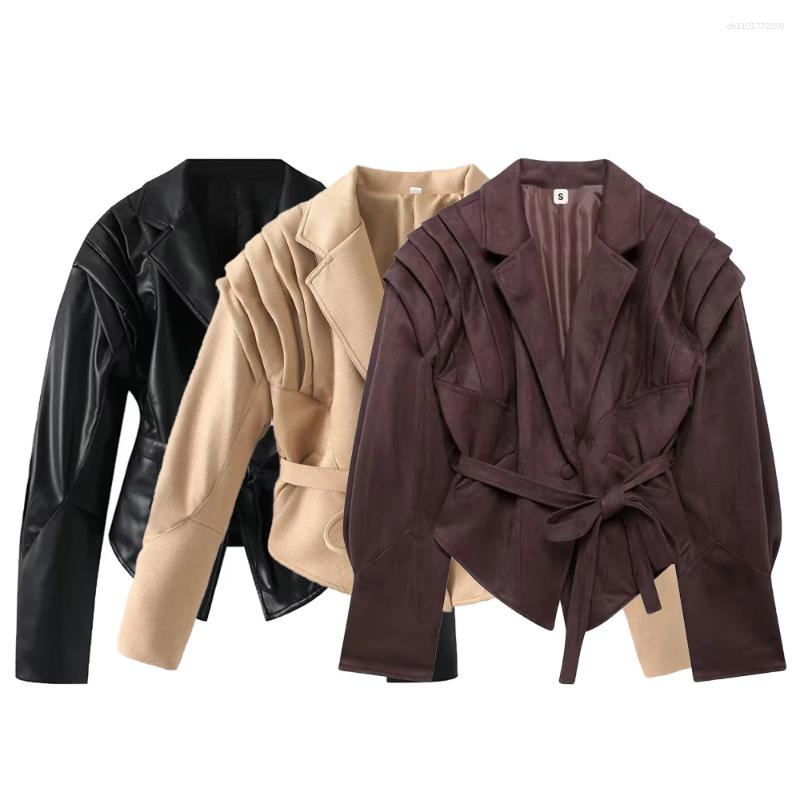 Women's Jackets Style European And American Lapel Waist Cinching Strap Long Sleeved Short Jacket Top Coat