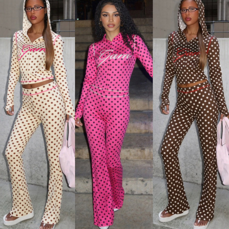 Women 2 Two Pieces Set 2025 Autumn New Womens Polka Dot Letter Printed Sexy Crop Hoodie And Long Pants Body Outfits Sporty Casual Set
