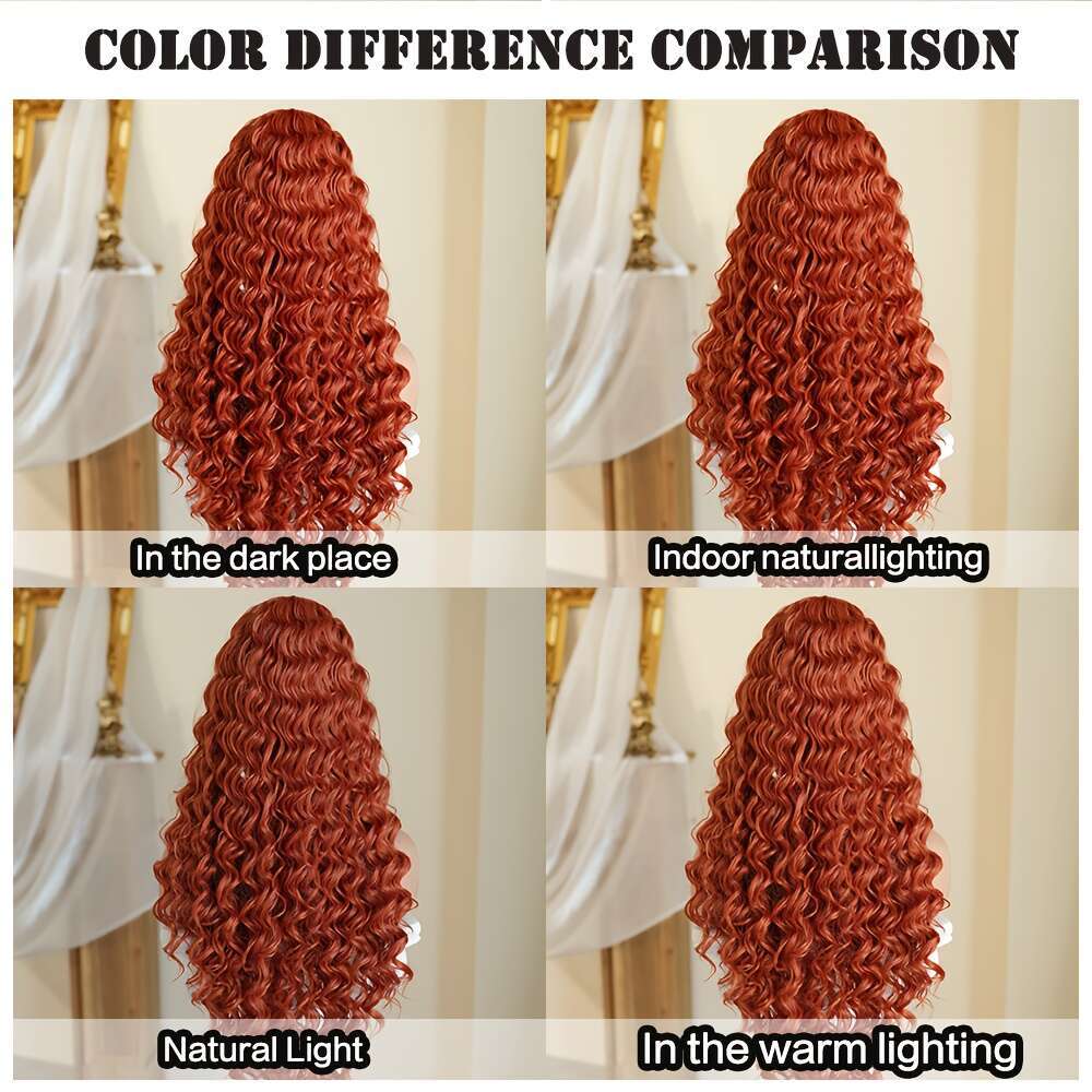 Costume Long Deep Orange Brown With Bangs High Density Fluffy Curly Wave Wig Heat Resistant Synthetic For Women Daily Party Use Music Festival Hallowe