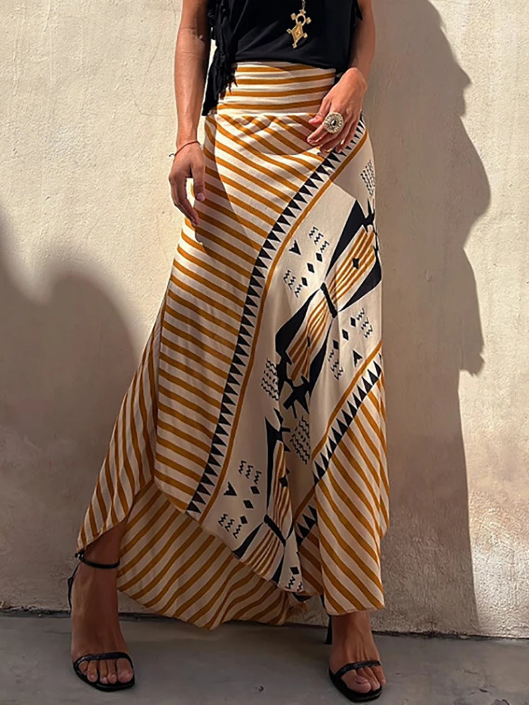 Boho Retro Patchwork Print Skirt Women Summer High Waist ALine Elastic Long Skirts Casual Holiday Beach Drop 251027