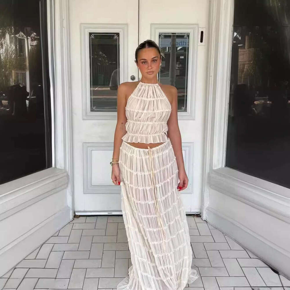 2025 Design Autumn New Sexy Backless Halter Ruched Lace Trim Vest Long Dress Set