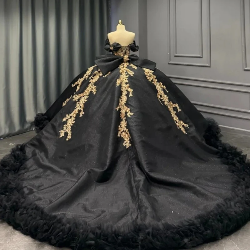 Black Quinceanera Dresses Off The Shoulder Applique Flower Beading Bow Corset Tull Party Birthday Sweet 16 Dress Vestidos 15 De Anos