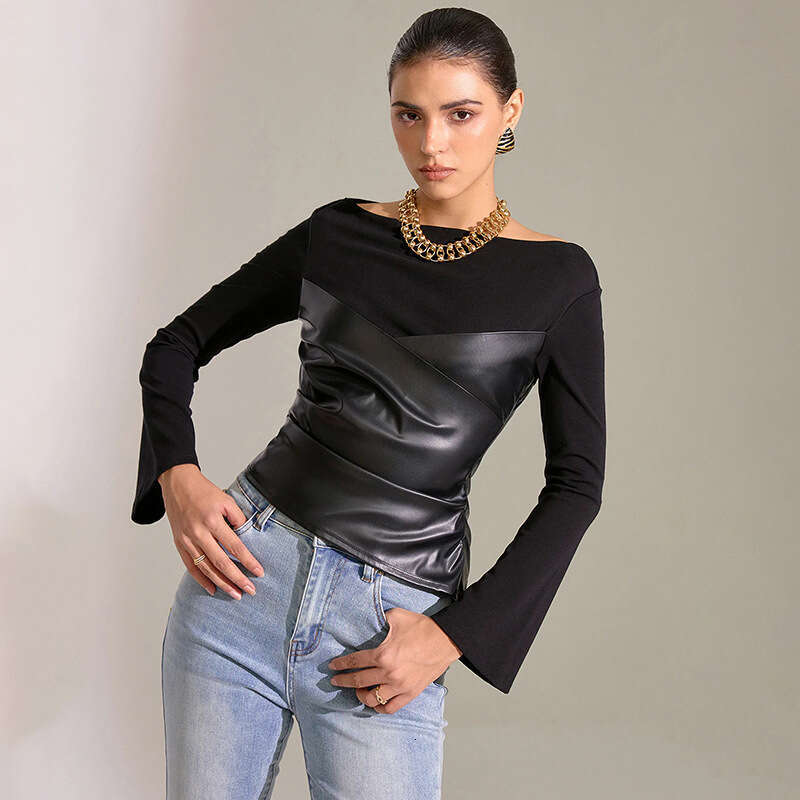 Women's Fashion Autumn New Round Neck Knitted Tube Ruched Leather Patchwork Flared Sleeve Top