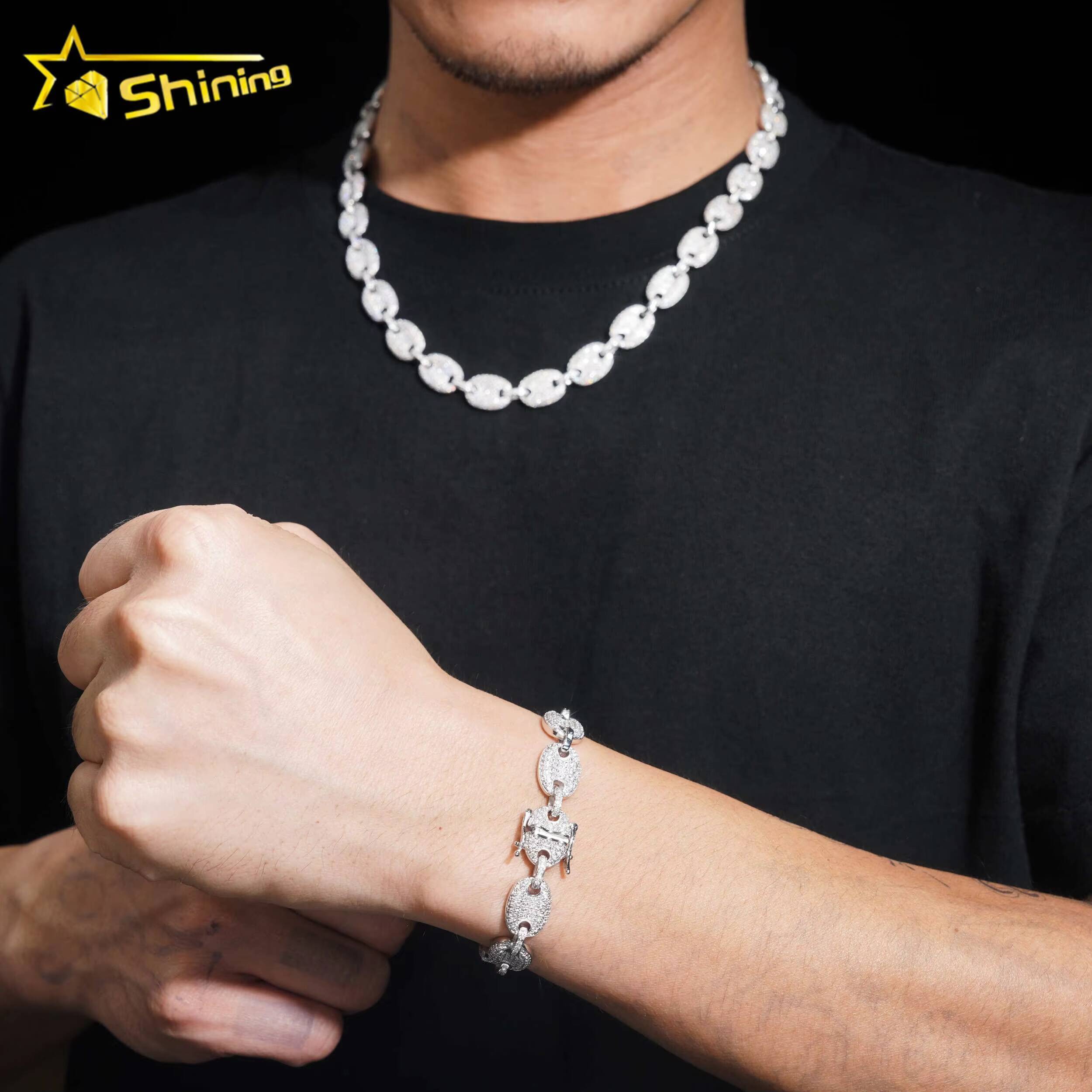 Hip Hop Jewelry 8MM 18K Gold Plated 925 Sterling Silver Necklace VVS Moissanite Cuban Link Chain Bracelet