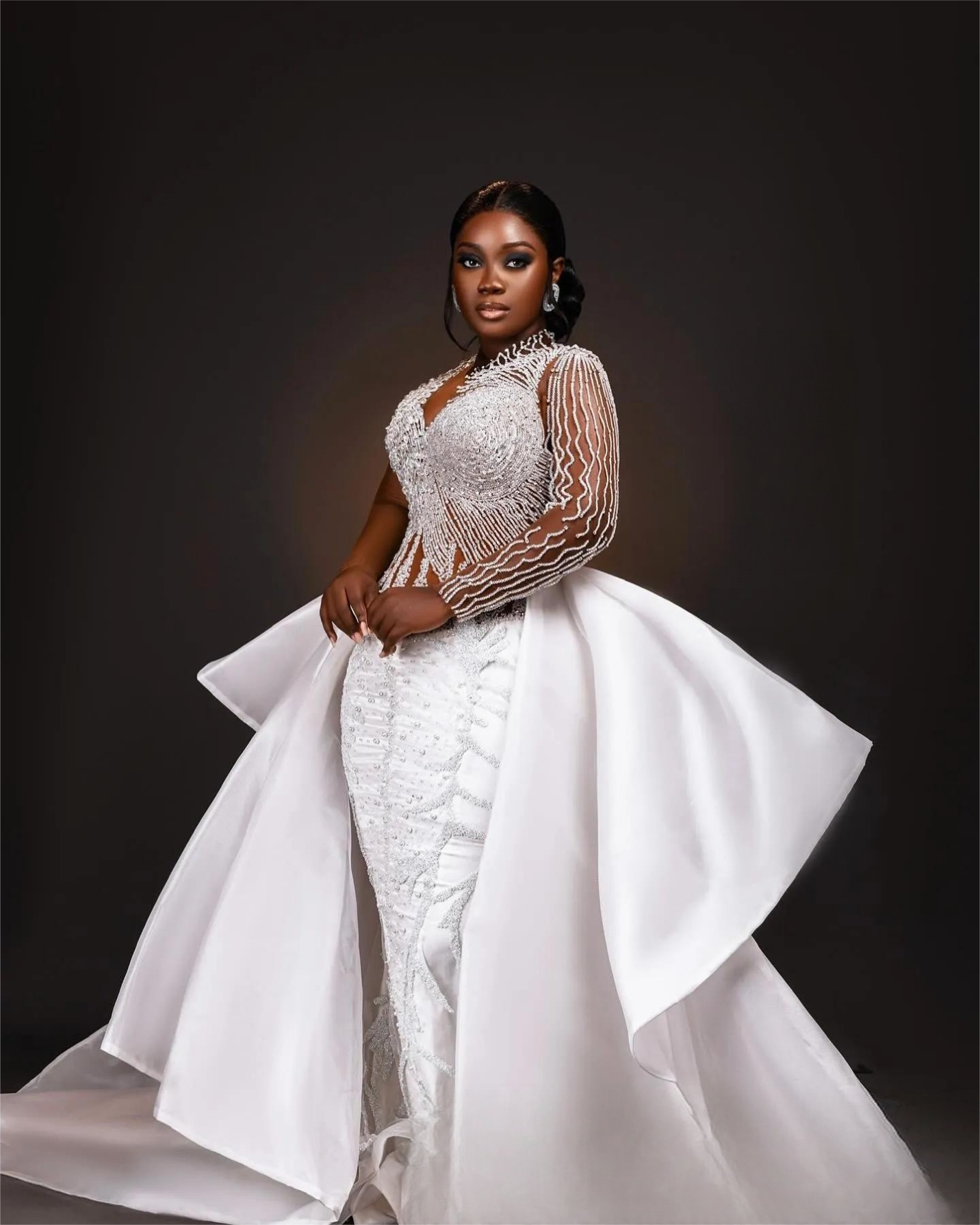 Arabic Aso Ebi Plus Size Mermaid Wedding Dress in White with Beaded Crystals Detachable Train and Luxurious Sexy Style