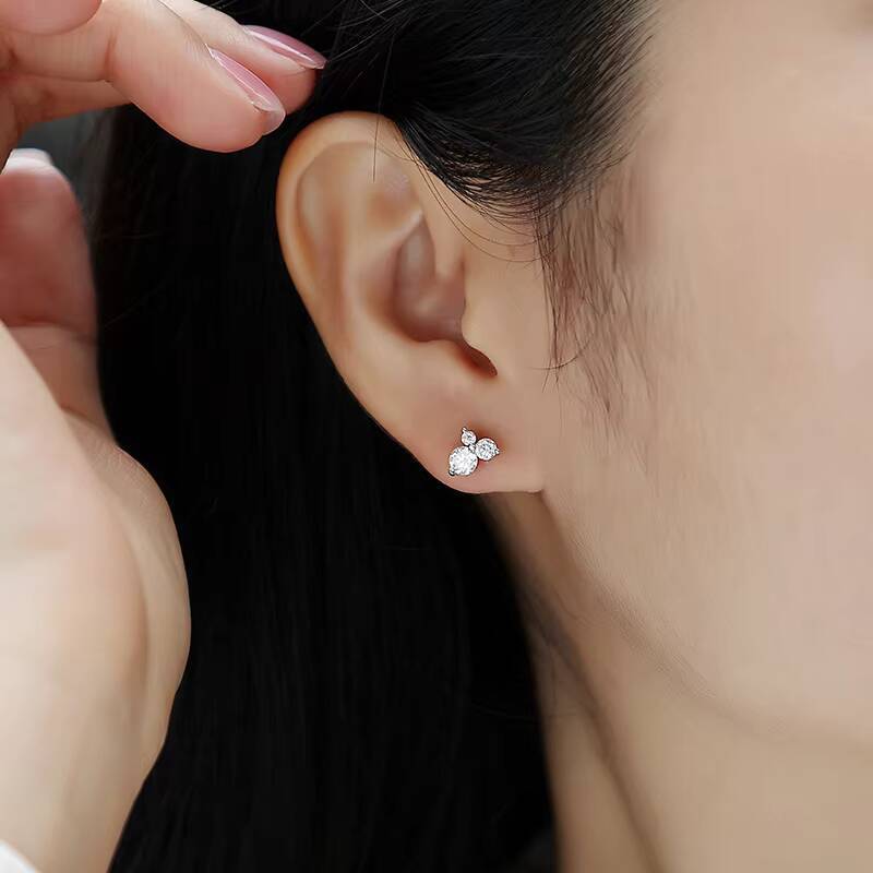 Women 925 Sterling Silver Jewelry ThreeStone Round Brilliant Cut Moissanite Diamond Stud Earrings