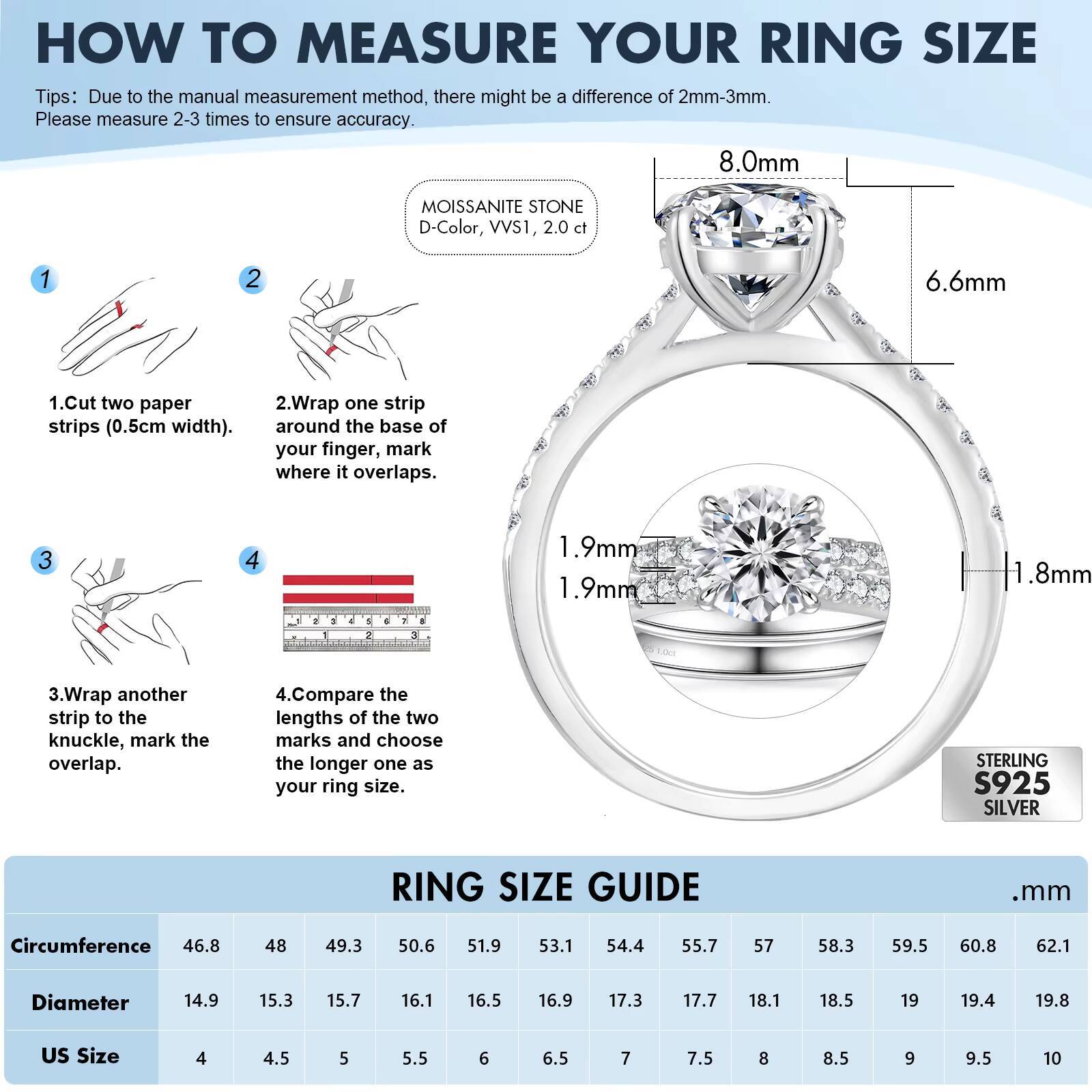 Moissanite Wedding Jewelry Bridal Sets 2CT D Color VVS1 Round Cut 925 Sterling Silver Engagement Ring Wedding Band for Women