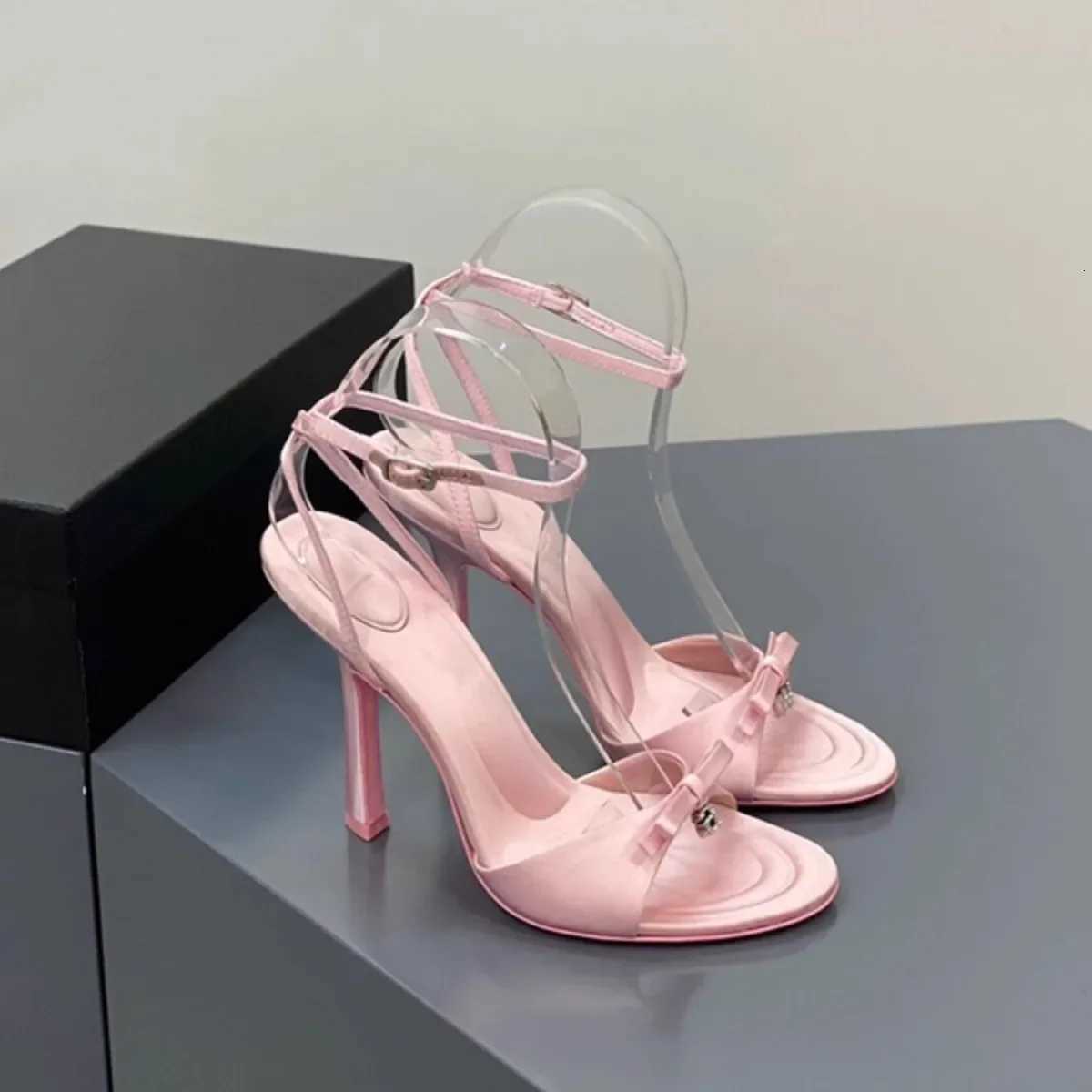 Elegant Satin Butterfly Knot High Heels Womens Sexy Diamd Letter Thin Heel Open Toe Sandals Rubber Sole round Toe MicrofiberXJ251027