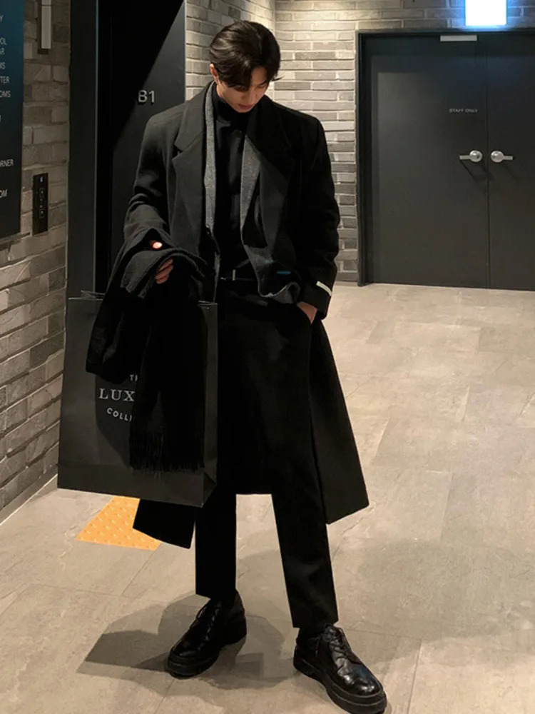 SYUHGFA Korean Style Men Woolen Overcoat Turndown Collar Single Breasted Overknee Thickened Casual Male Trench Winter 251020