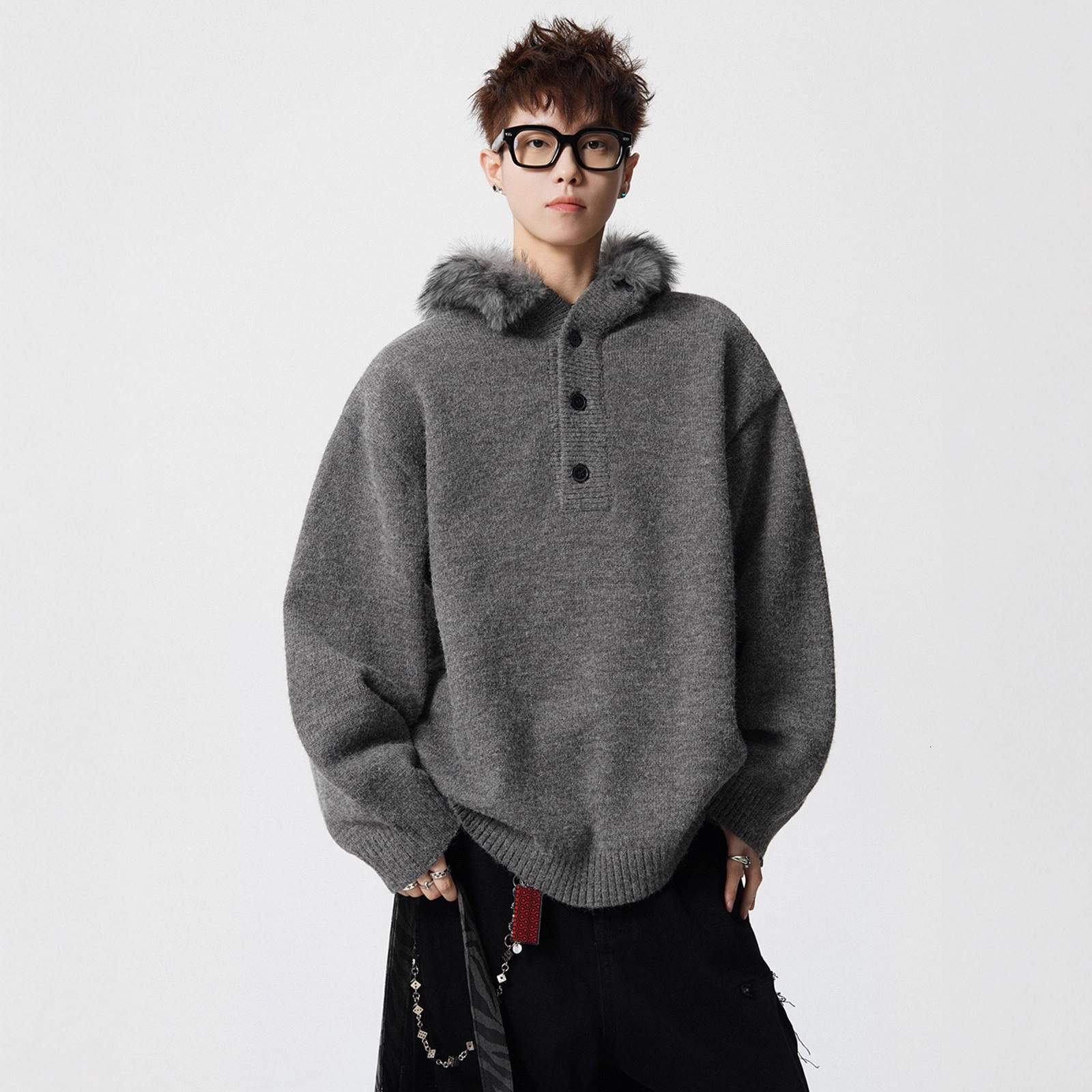 American Style Hooded Sweater With Large Fur Collar For Men And Designer Sweater Women Autumn And Winter Pullover Knitwear Lazy Style Loose Coat Trend