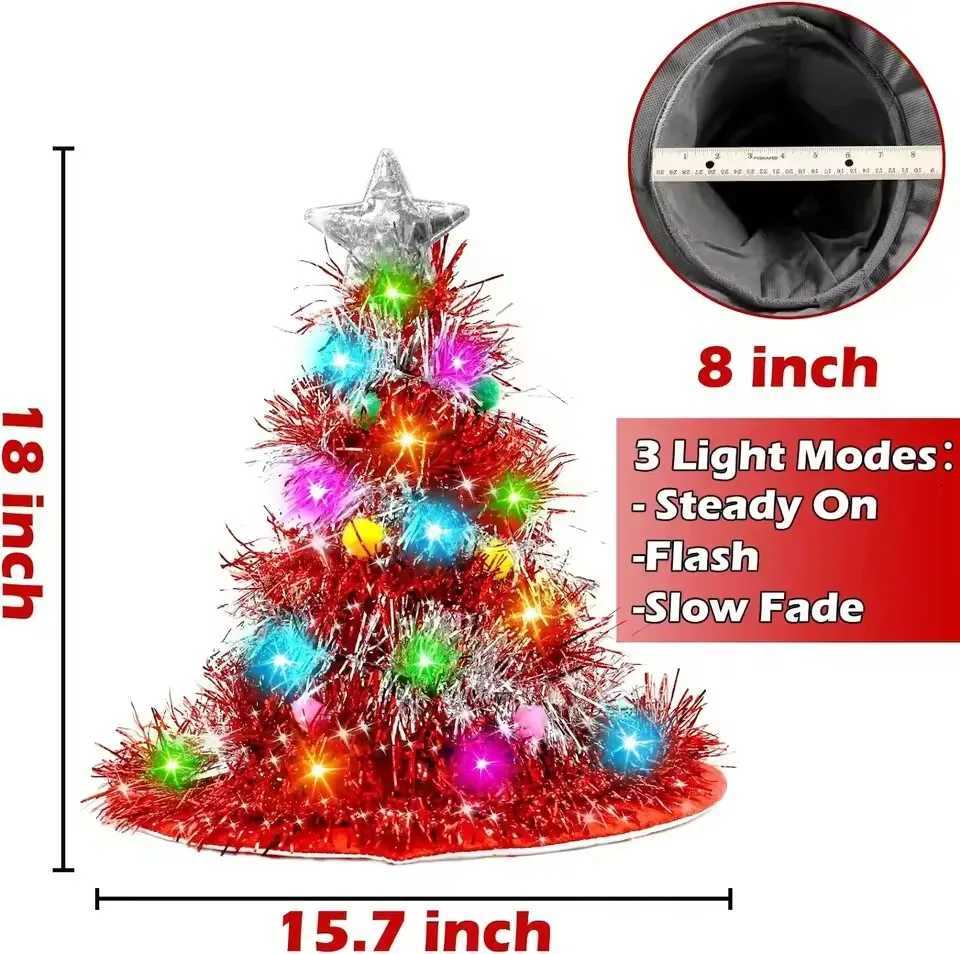 2026 Adults Kids Blinking Glowing Christmas Tree Hats Santa Hat with Tinsel LED Colorful Lights Star New Year CostumeW251027
