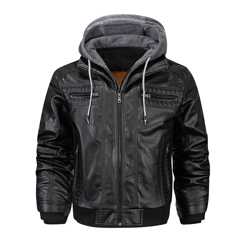 Men's Hooded Leather Jacket Autumn and Winter Motorcycle Jackets Windproof Coldproof and Warm Men Coat Jackets