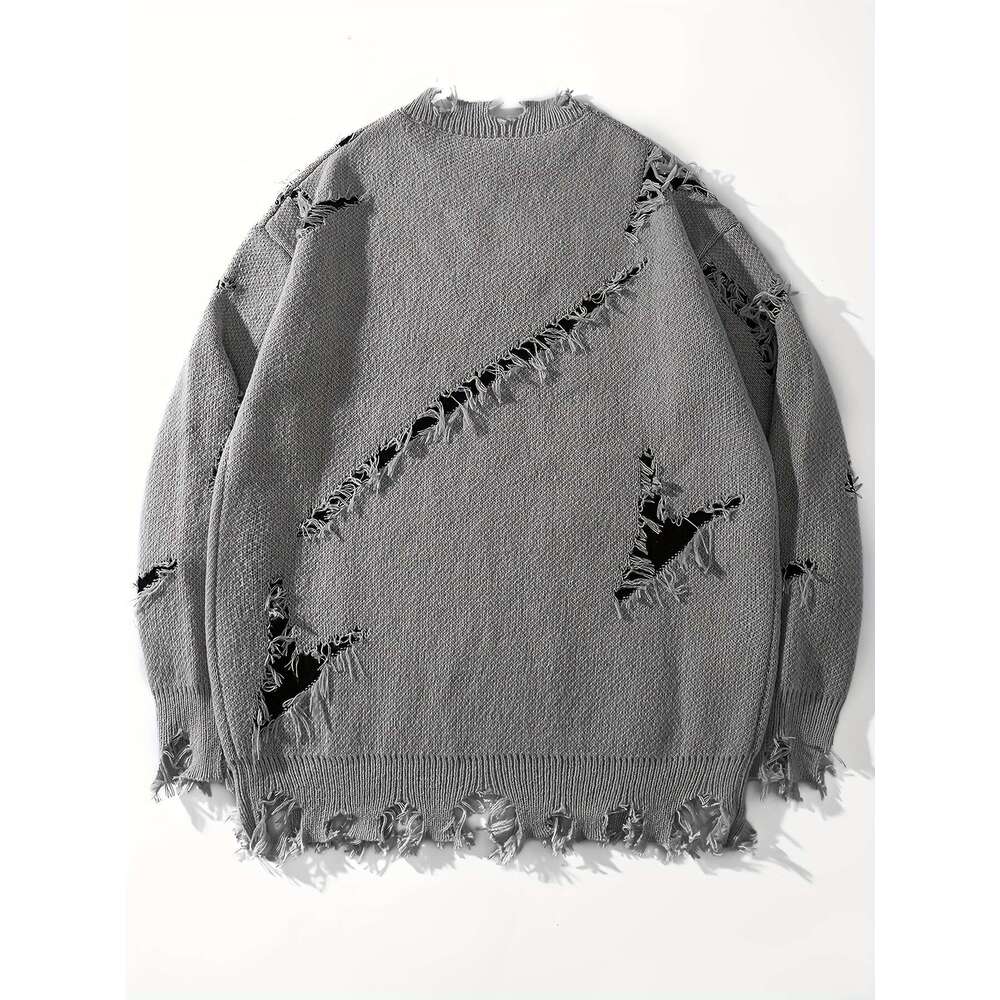 Men's Casual Streetwear Sweater - Relaxed Fit Drop Shoulder, Distressed Letter Embroidery & Ripped Details, Long Sleeve Pullover For Autumn Winte