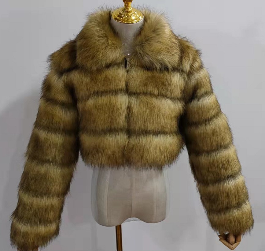 Fashion Women's Faux Fur Coat Lapel Zipper Long Sleeves Loose Thick Imitation Fur Short Jacket Winter