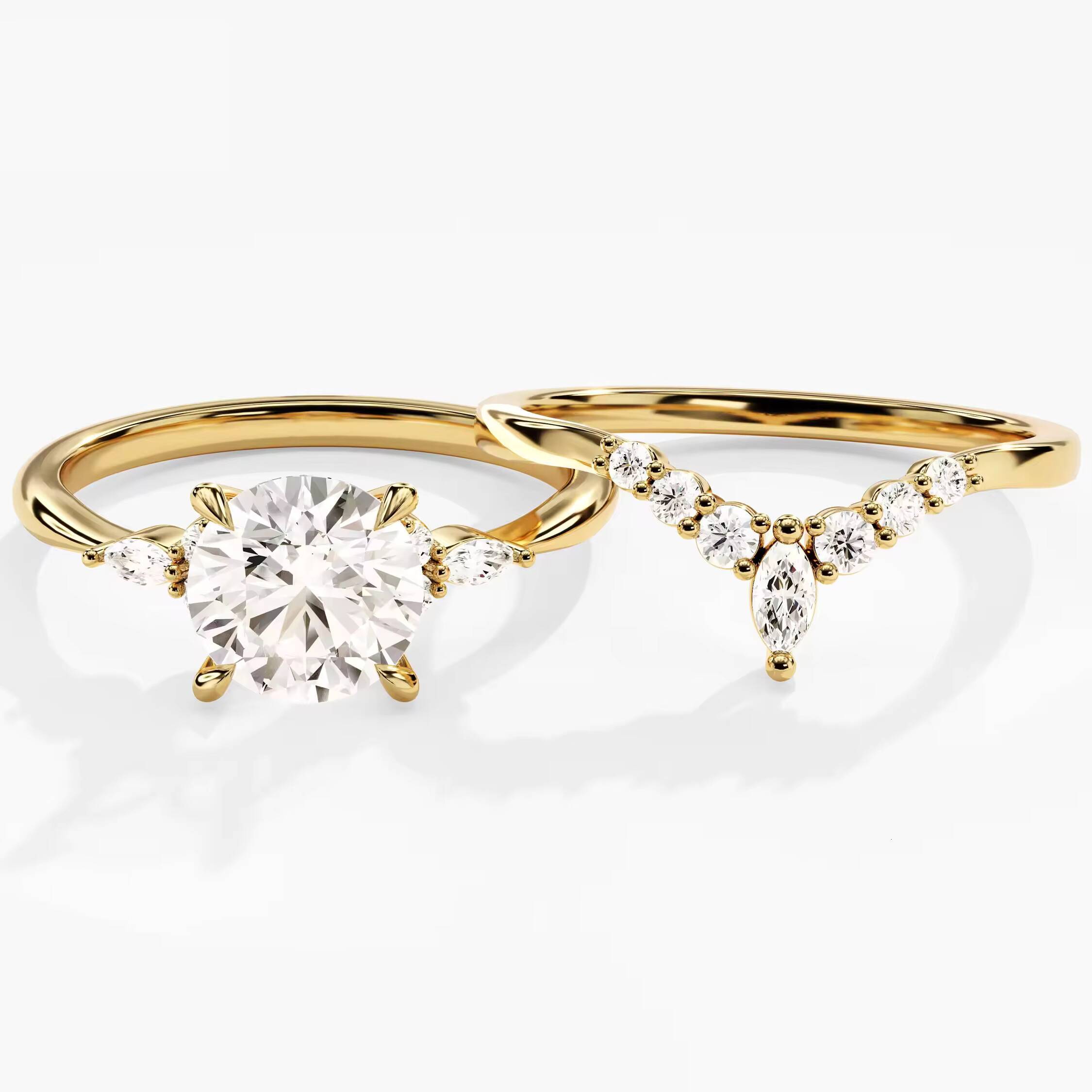 Vintage Diamond Wedding Band Set 14k Gold Curved Accents Diamond Engagement Ring Round Cluster Wedding Ring