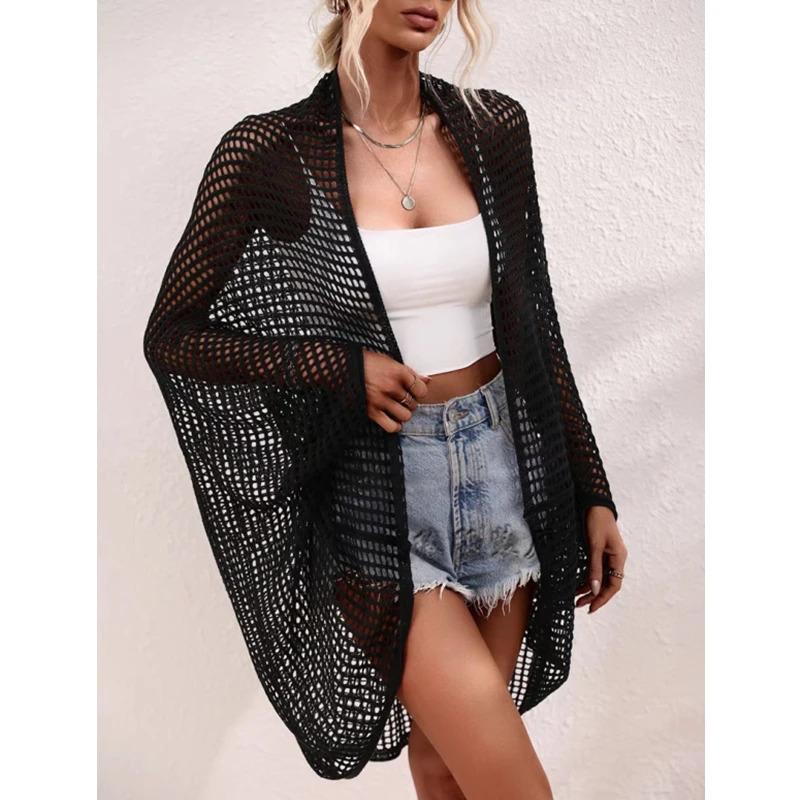 Openwork Open Front Longline Cover Up Crochet Knit Cardigan Sweater for Women Summer Vacation Beach Outfit 251027