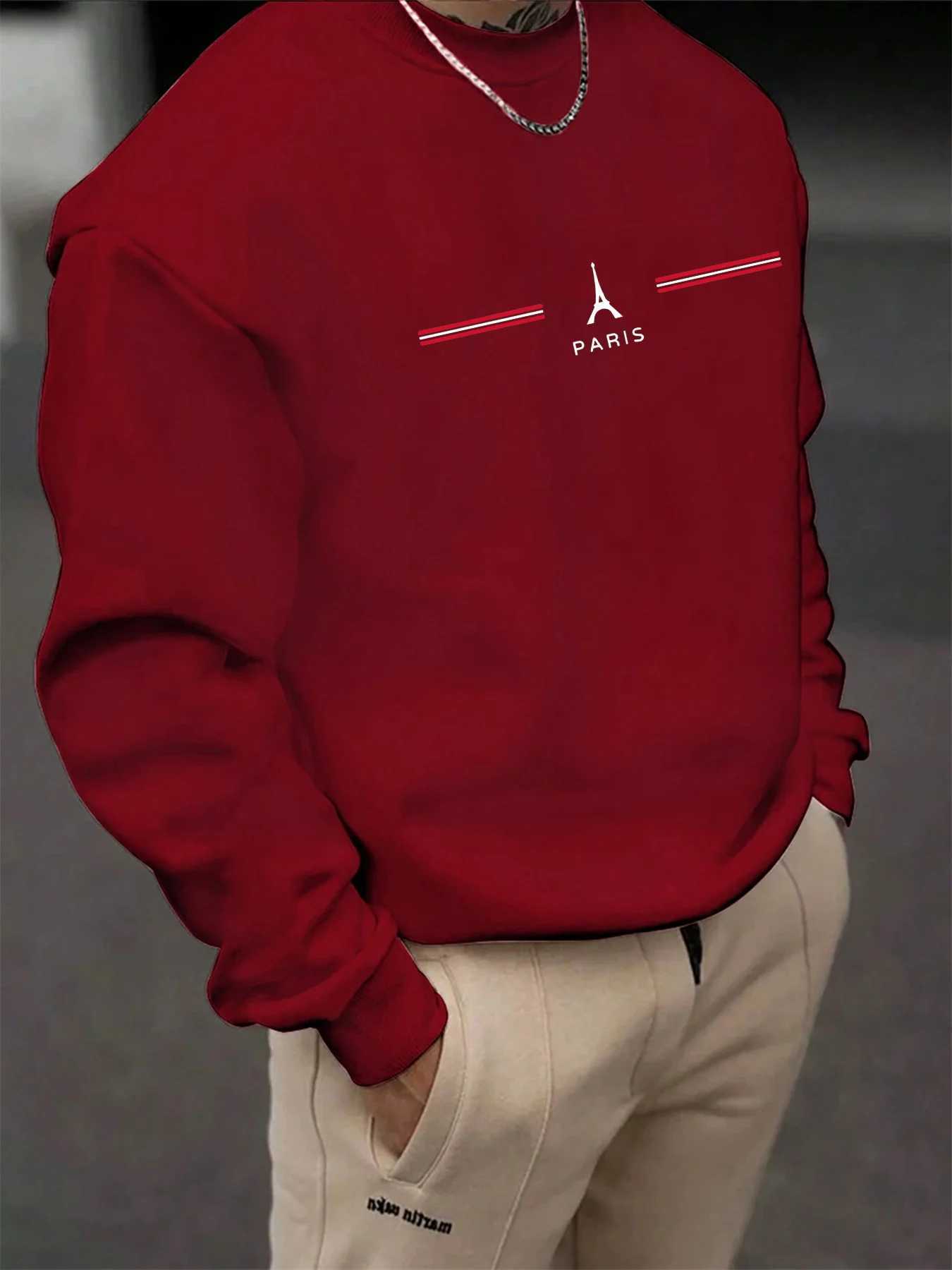 Mens autumn and winter fashionable casual loose Paris letter pattern printed long sleeved round neck sweatshirt W251027