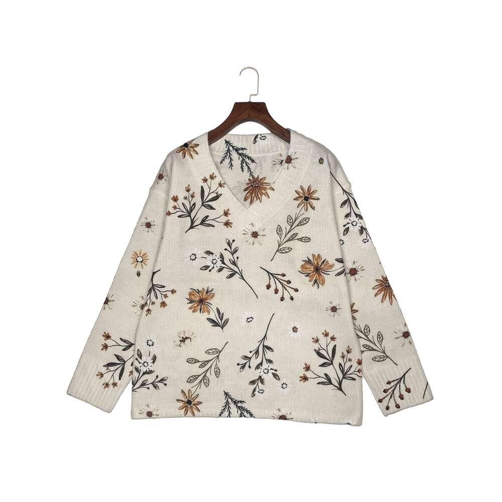 Women's 3D Print V-Neck Sweater - Fashion All-Over Brown Beige Floral Pattern, Soft All-Season Versatile Casual & Wear, Cute Sweater, Formal Atti