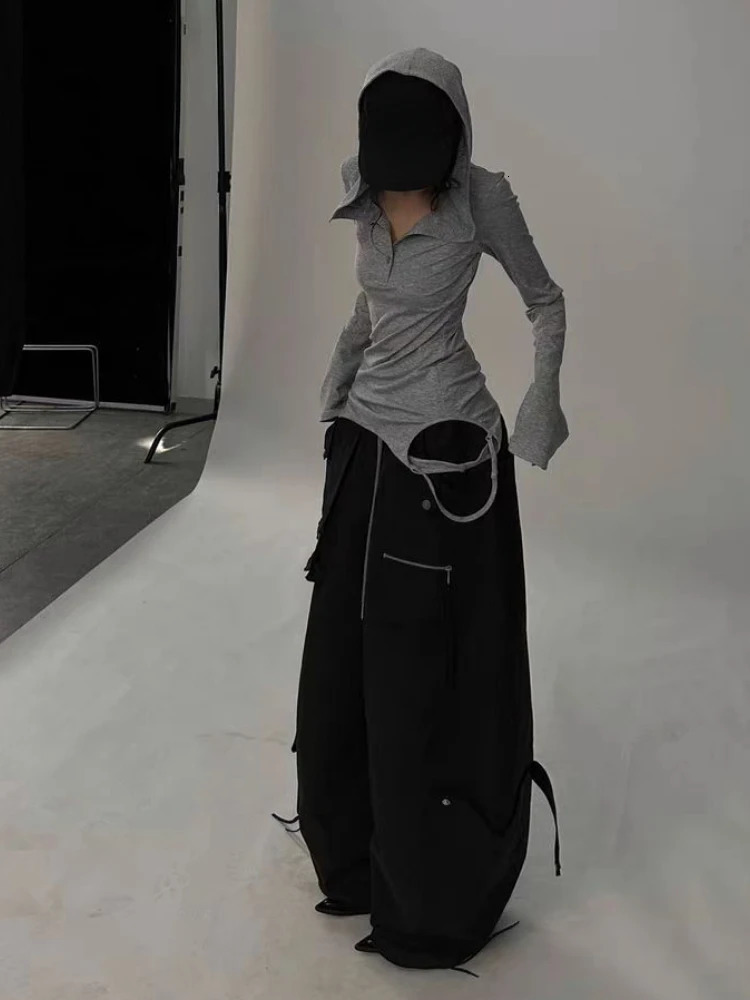 Y2k Aesthetic Hole Hooded Tshirt Women Harajuku Gothic Punk Vintage Button Sexy Tshirts Streetwear Grunge Slim Fit Fairy Tees 251027