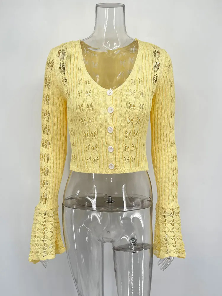 Tossy Knitwear Hollow Out Sweater Cardigan Women VNeck Long Sleeve SeeThrough Cropped Top Summer Knit Patchwork Cardigan Top 251027
