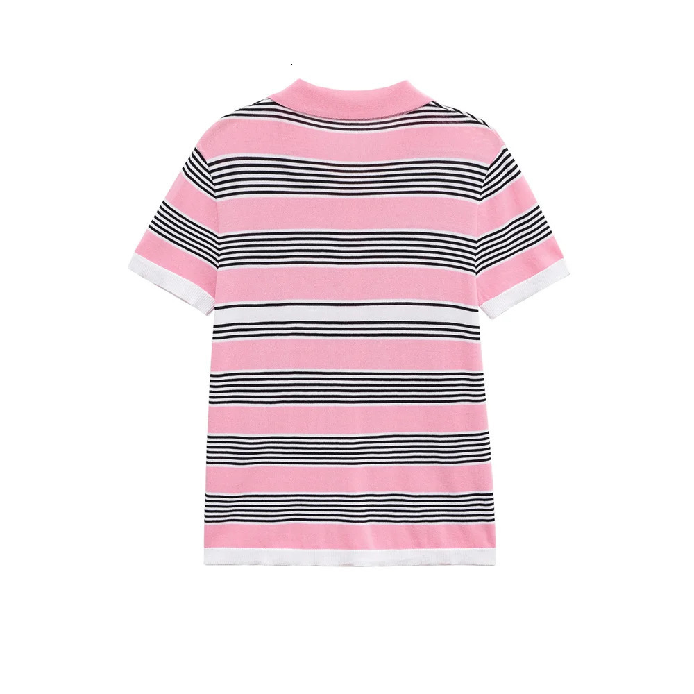 womens summer casual versatile buckle closed striped short sleeved knitted polo shirt collar top 251027