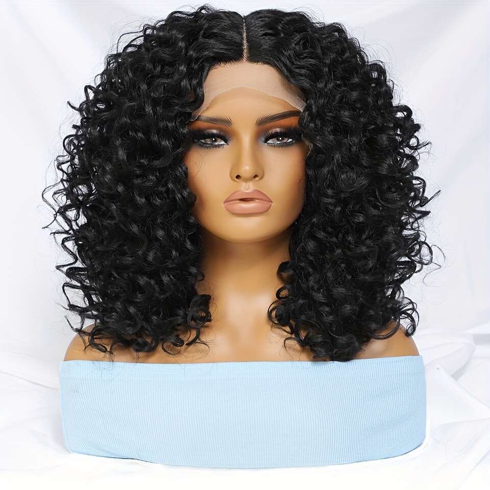 180% Density Short Afro Curly Front - 13X4x1 T-Part, 100% Heat-Resistant Fiber, Ombre Blonde Ginger Black, Pre-Plucked, Cosplay Ready, 16Inch, Synthet