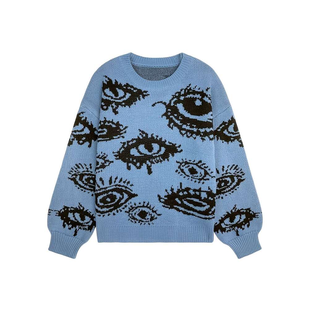 Women's Y2k Punk Eye Print Loose-Fit Long Sleeve Sweater - Black White Top, Round Neck Casual Streetwear For Fall & Winter, Autumn Winter Apparel